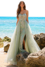 Strapless Fit & Flare Graduation Gown w/ Floral Motif & Voluminous Overskirt ACTM1002