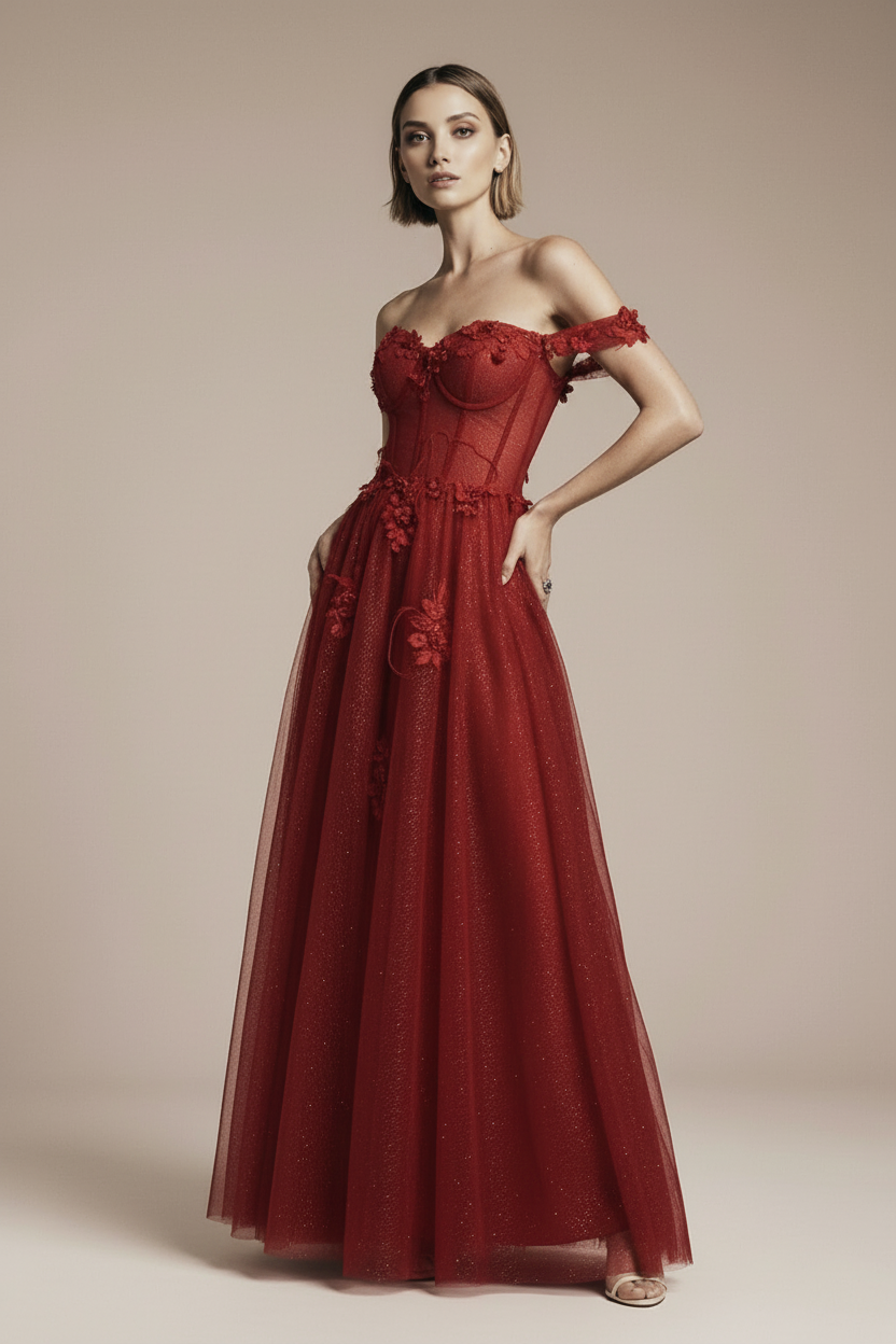 Czerwona sukienka z brokatem na studniówkę 2026