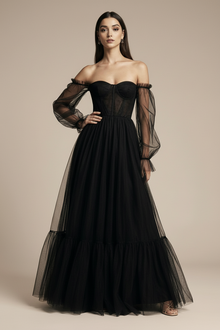 Sukienka MAXI z przeźroczystymi rękawami