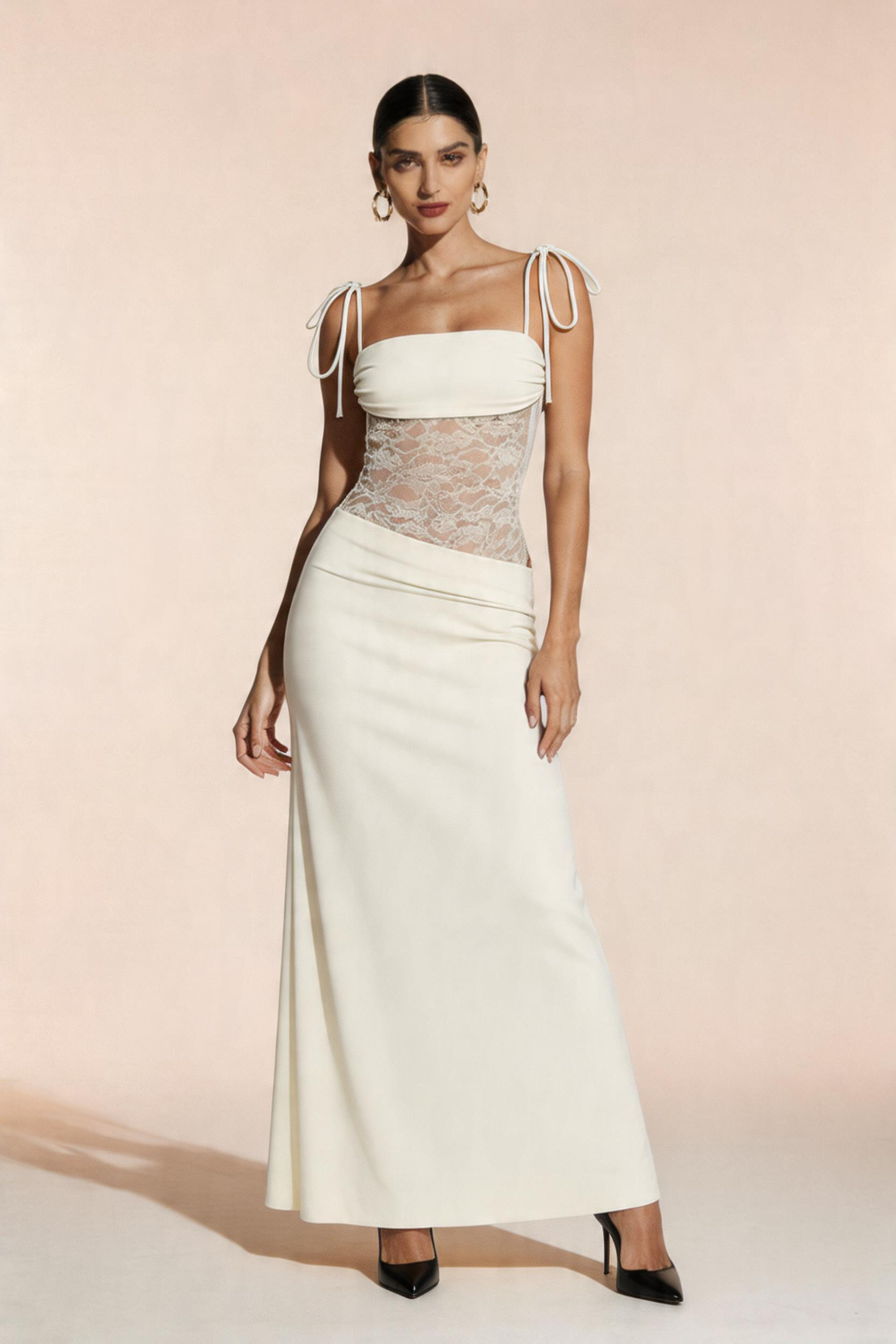 MAXI dress with lace cutouts and shoulder ties