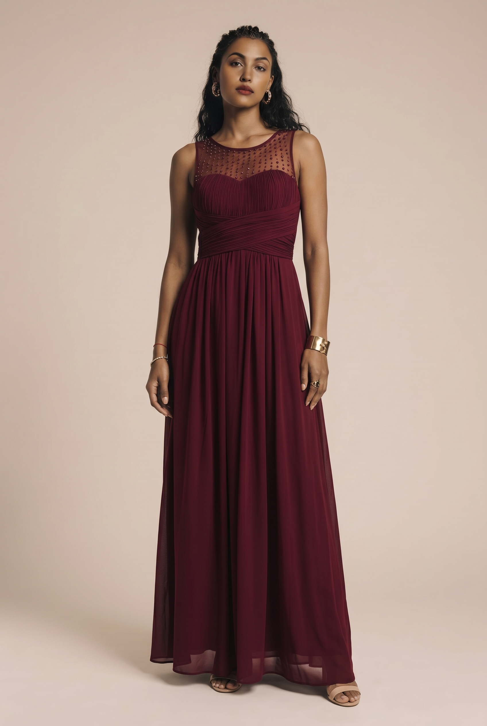 Long dress with decorative mesh and beads