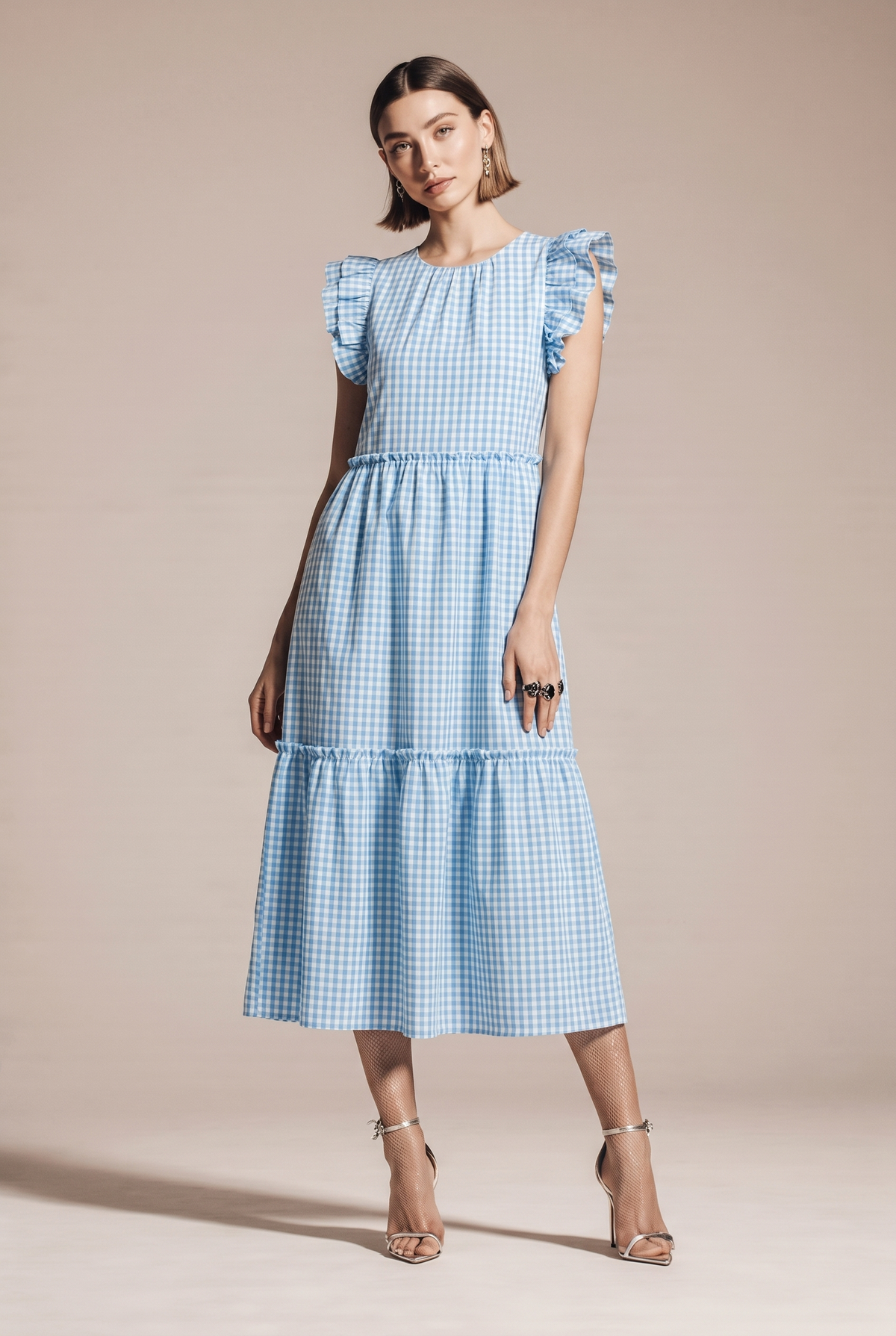 Knot Back Ruffled Short Sleeve Gingham Maxi Dress