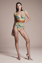 Swimsuit with ruffles and a floral pattern