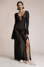 Dress with a slit and bell sleeves