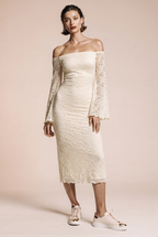 Off-the-shoulder dress with flared sleeves