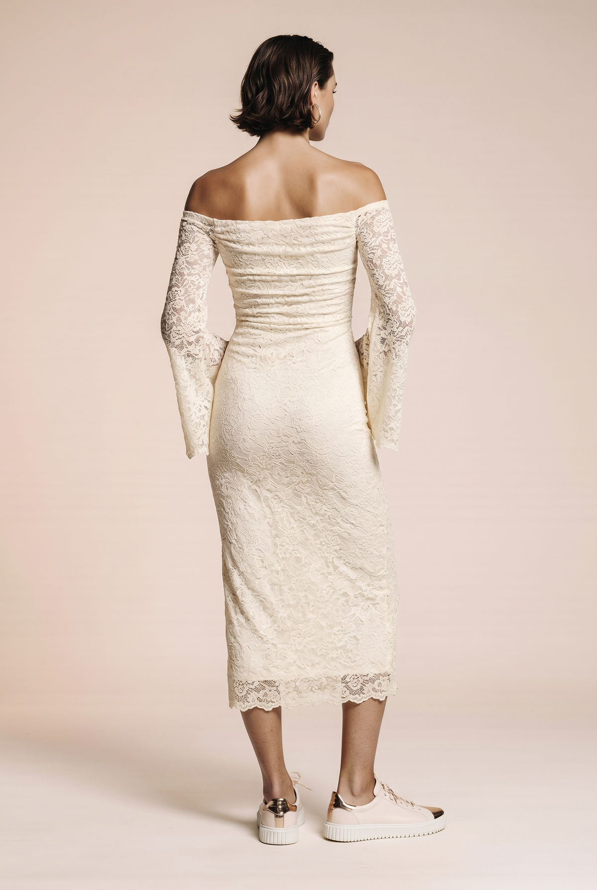Off-the-shoulder dress with flared sleeves
