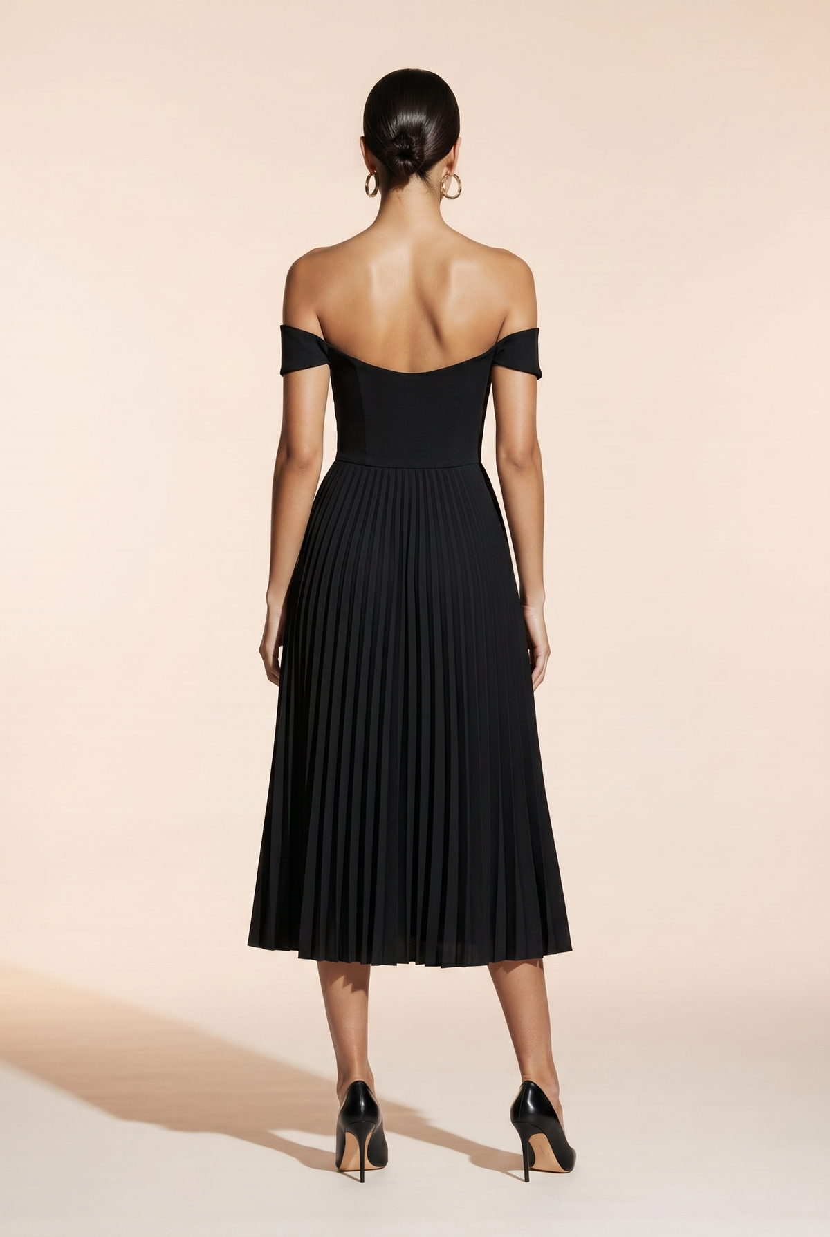 Black pleated MIDI dress with off-the-shoulder design