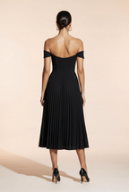 Black pleated MIDI dress with off-the-shoulder design