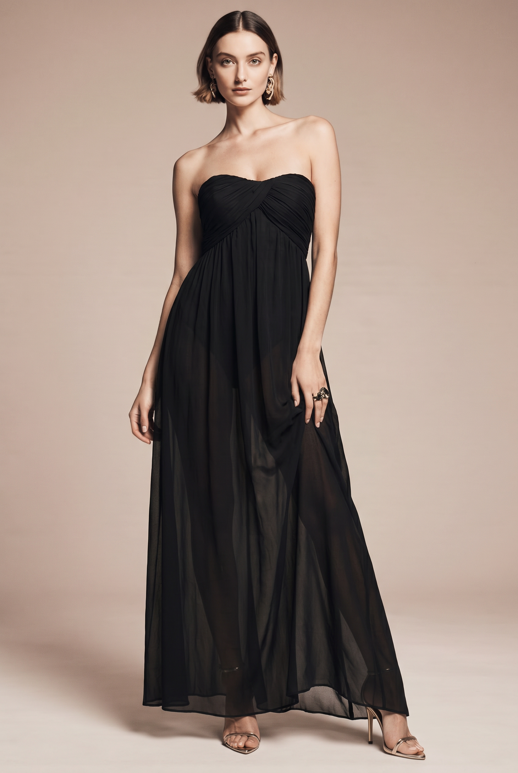 Black long strapless tulle dress