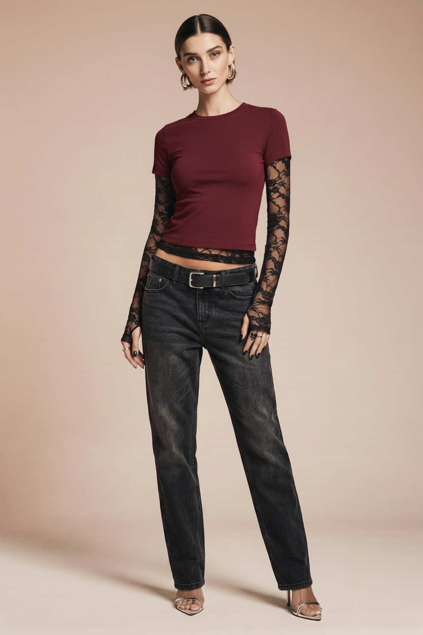 Czarny crop top z koronkowymi rękawami