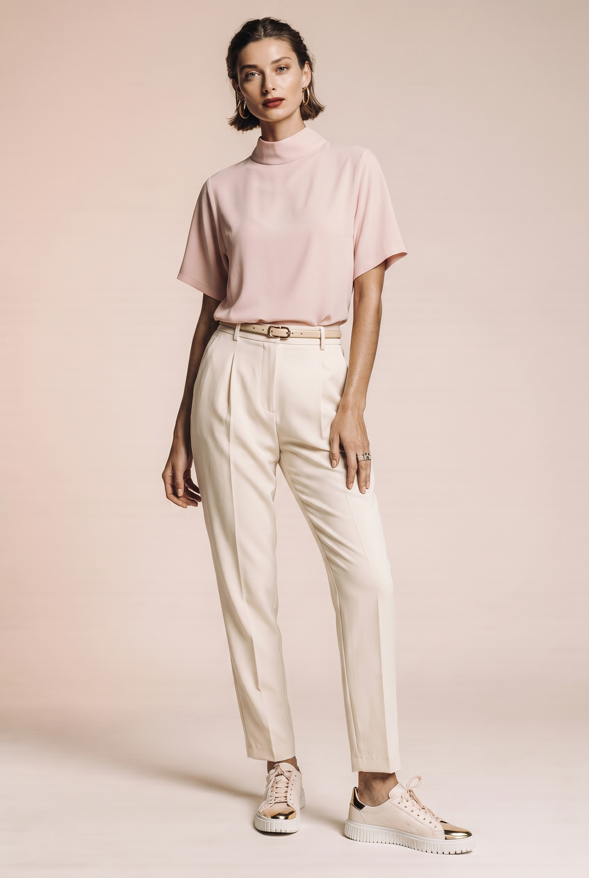 Elegant short-sleeved blouse with a stand-up collar
