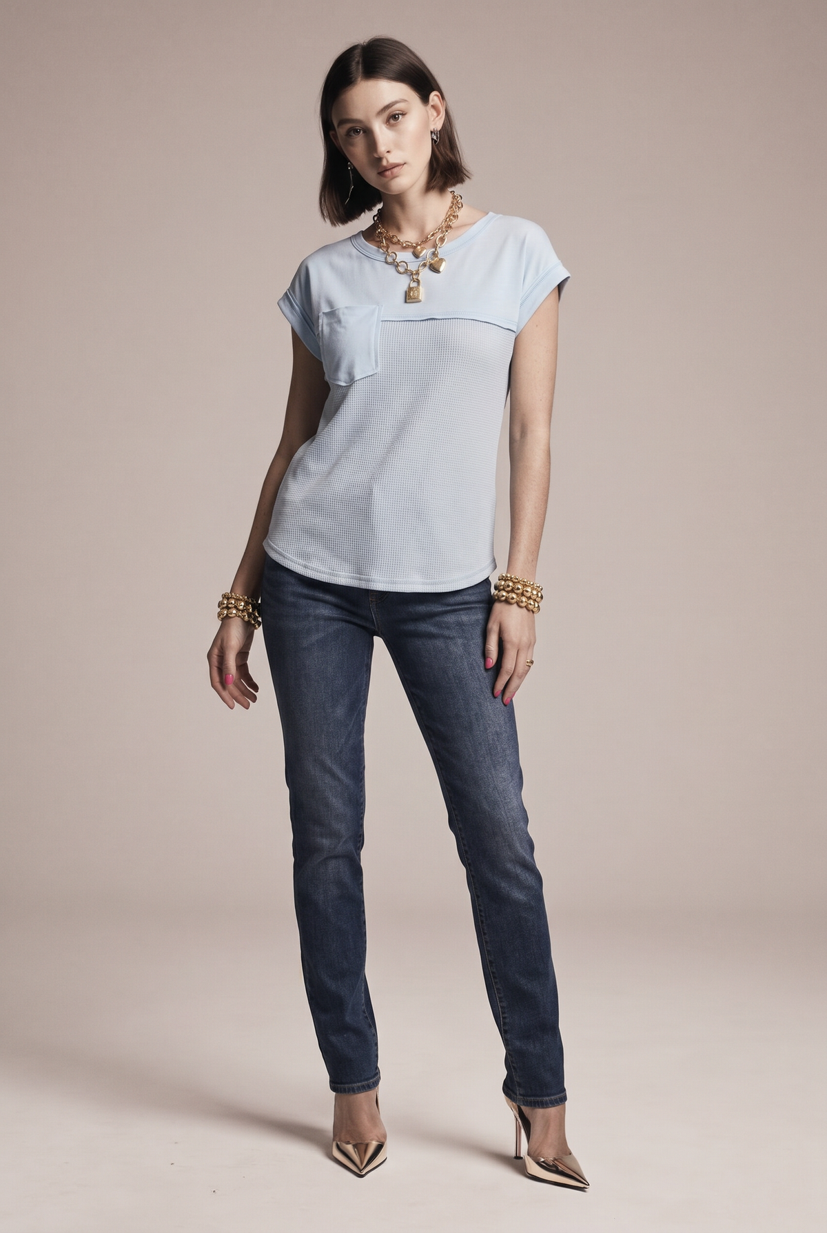 Waffle-knit T-shirt with pocket