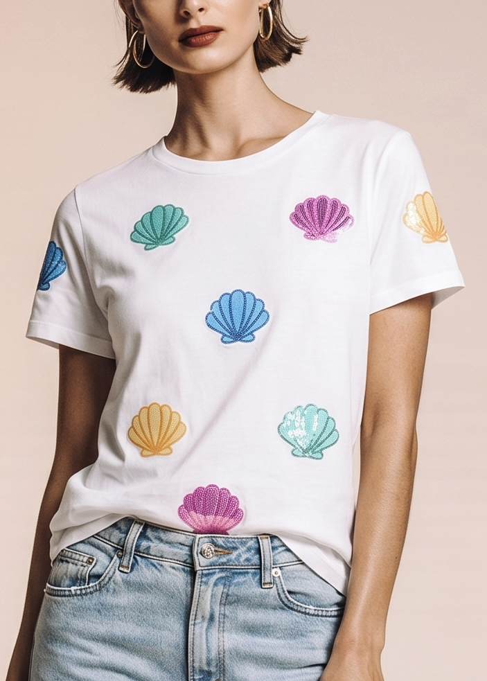 Summer T-shirt with sequins and graphic print