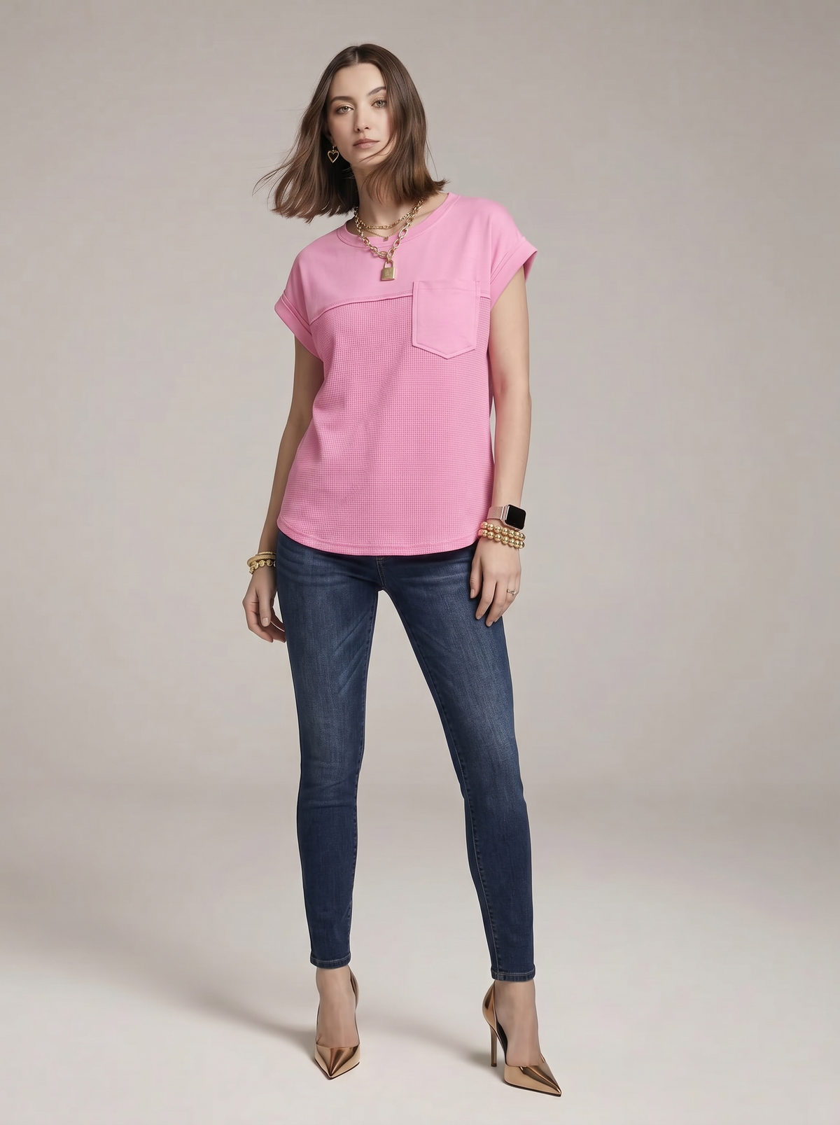 Solid color T-shirt with patchwork