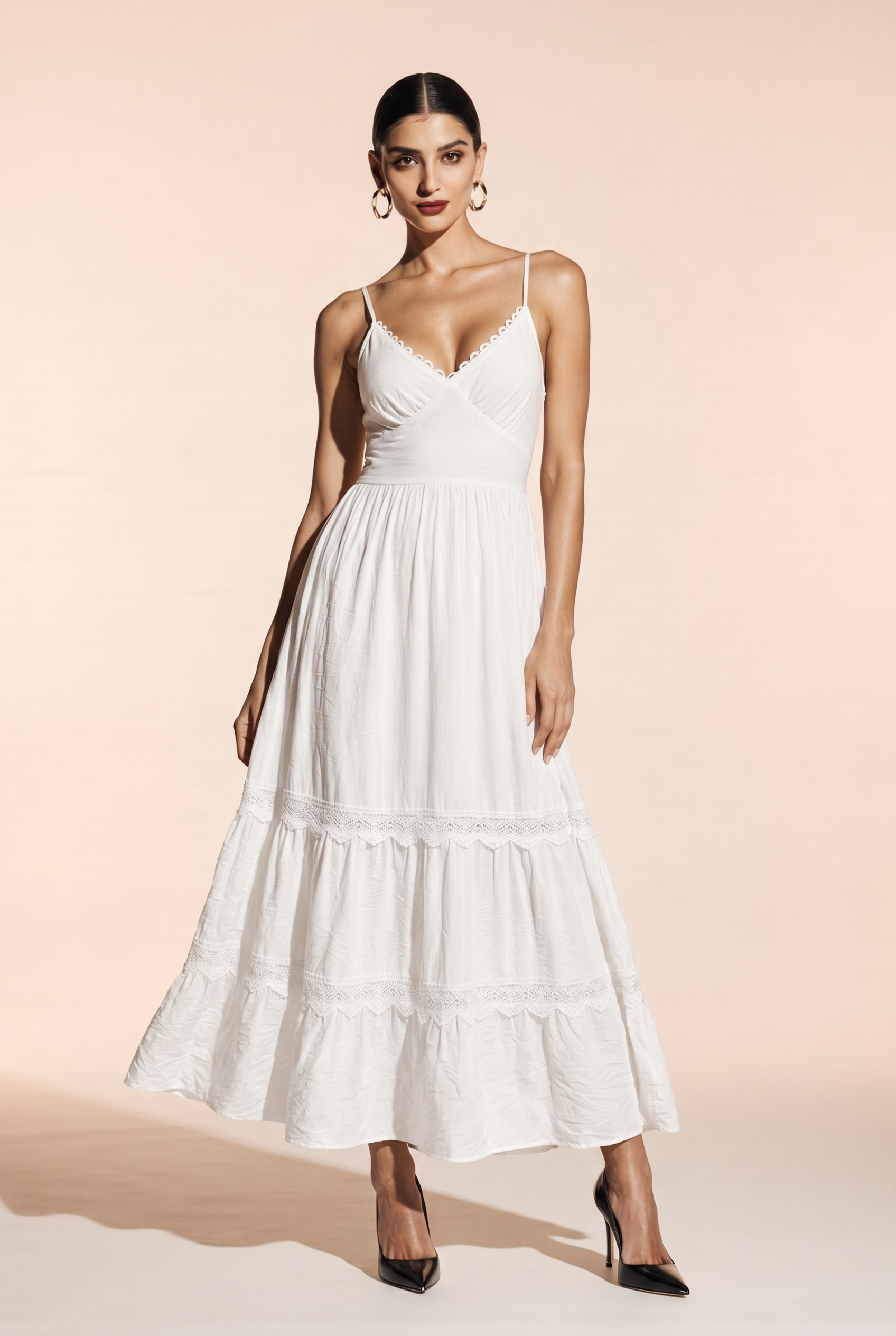 Lace Detail V-Neck Tiered Maxi Dress