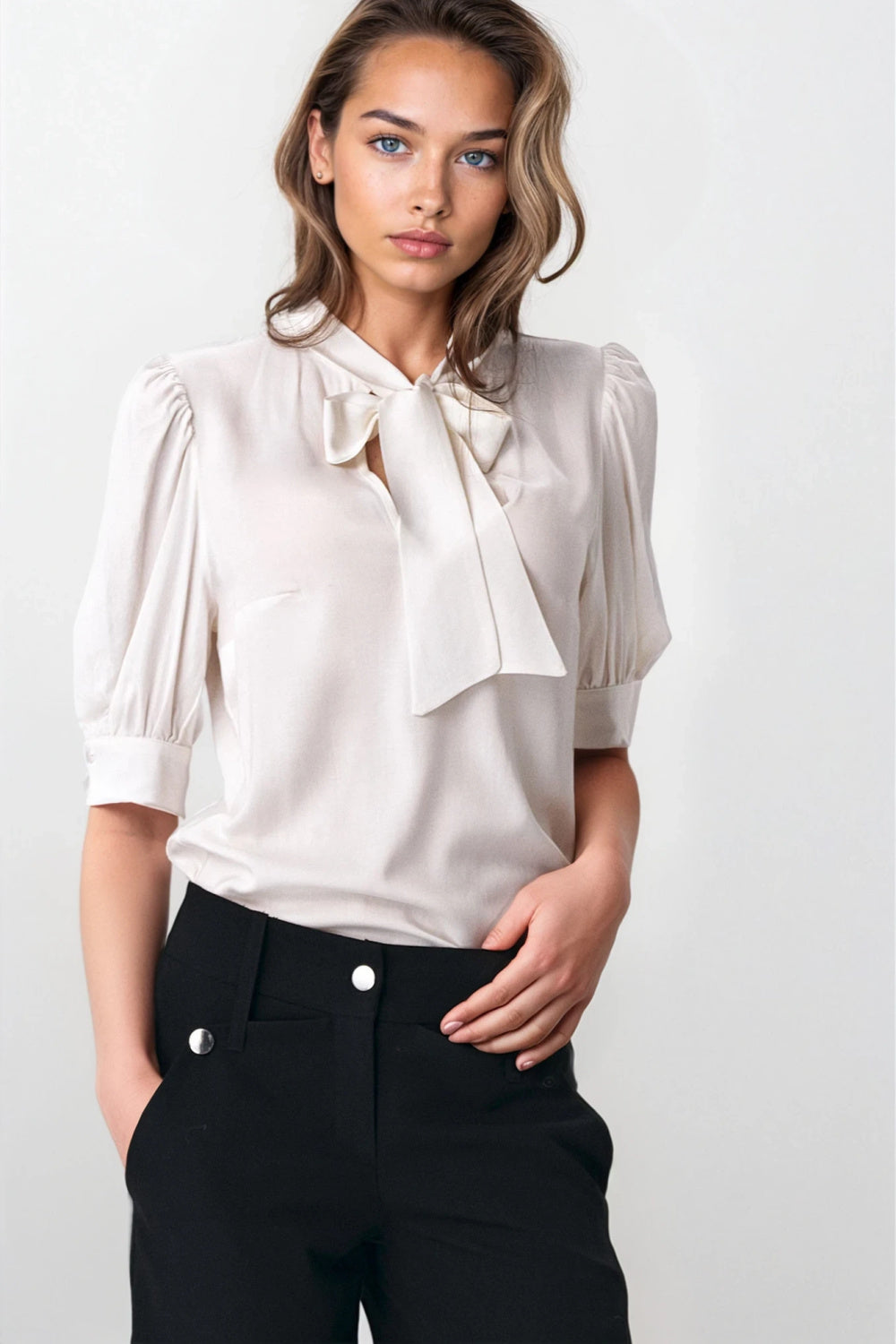 Elegant ecru blouse with a tie at the neckline B170 Ecru - Nife