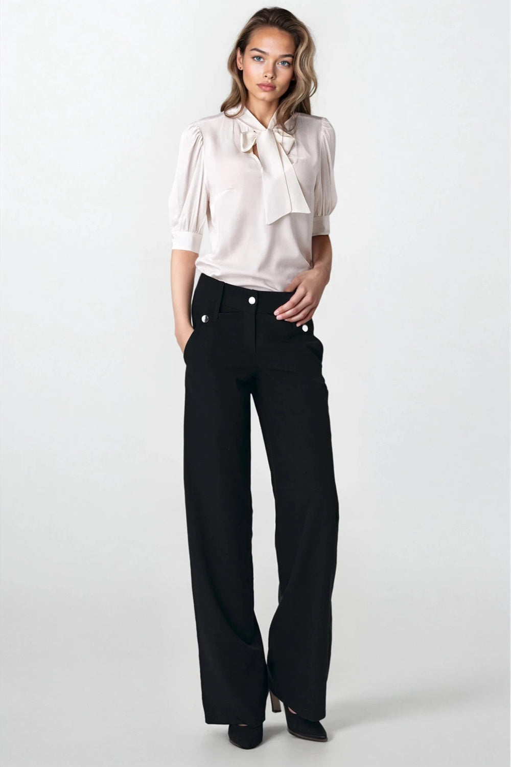 Elegant ecru blouse with a tie at the neckline B170 Ecru - Nife