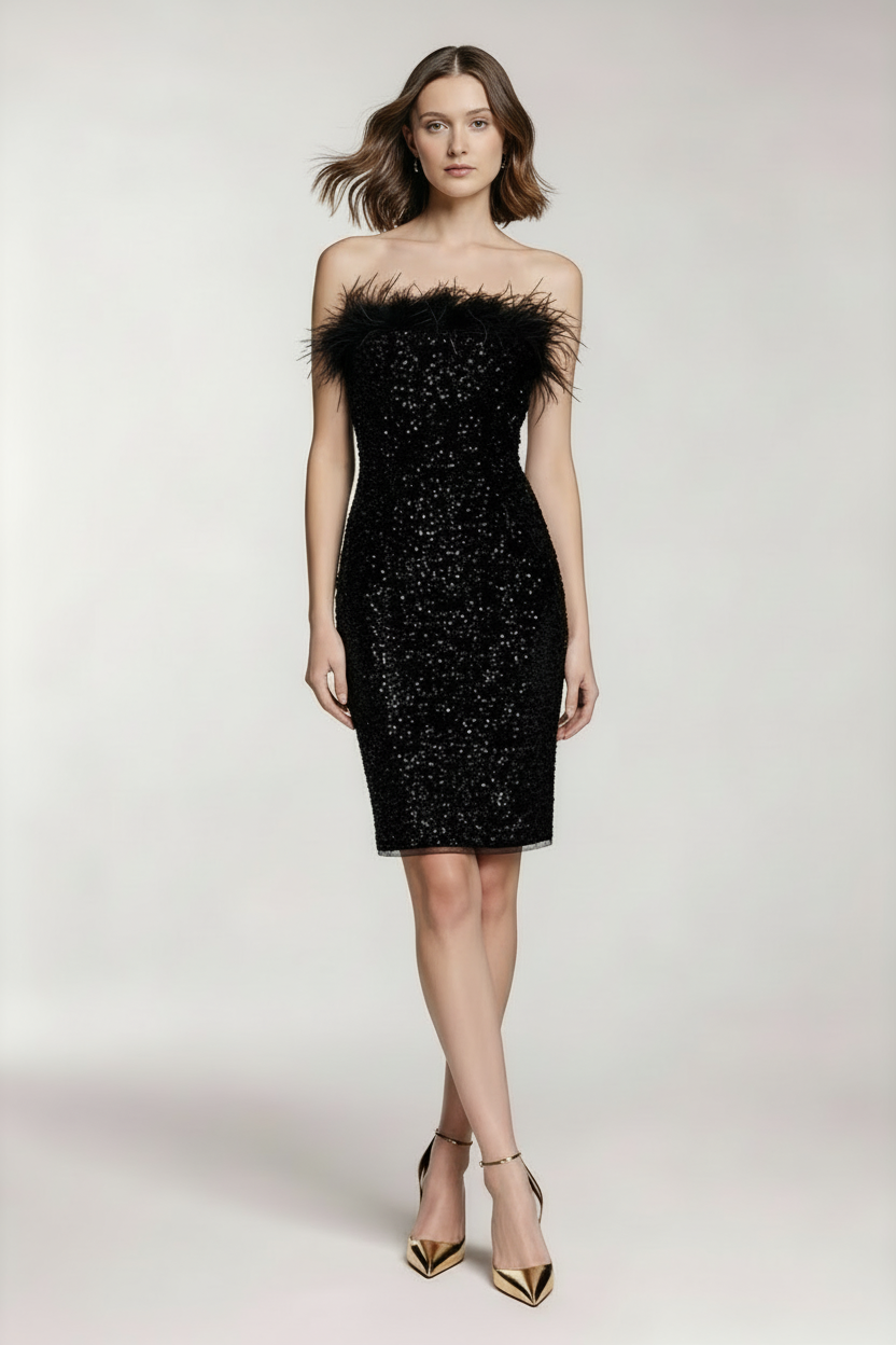 Cekinowa sukienka wieczorowa MINI z piórami
