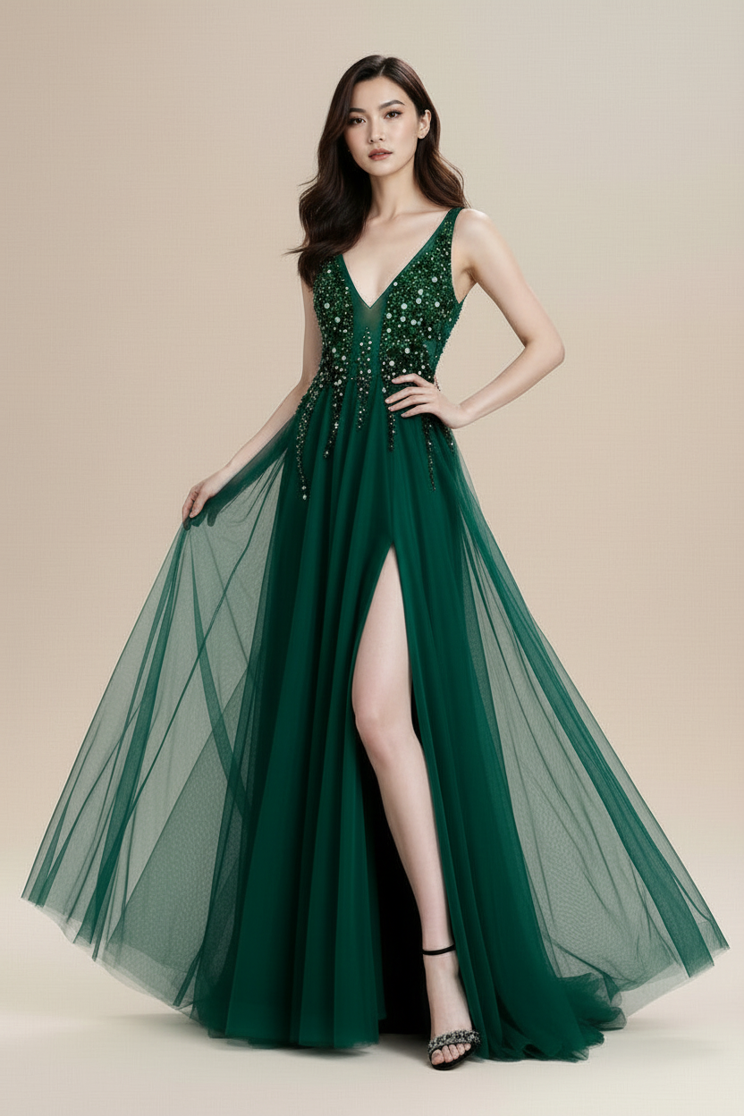 Cekinowa sukienka z głębokim dekoltem na studniówkę 2026