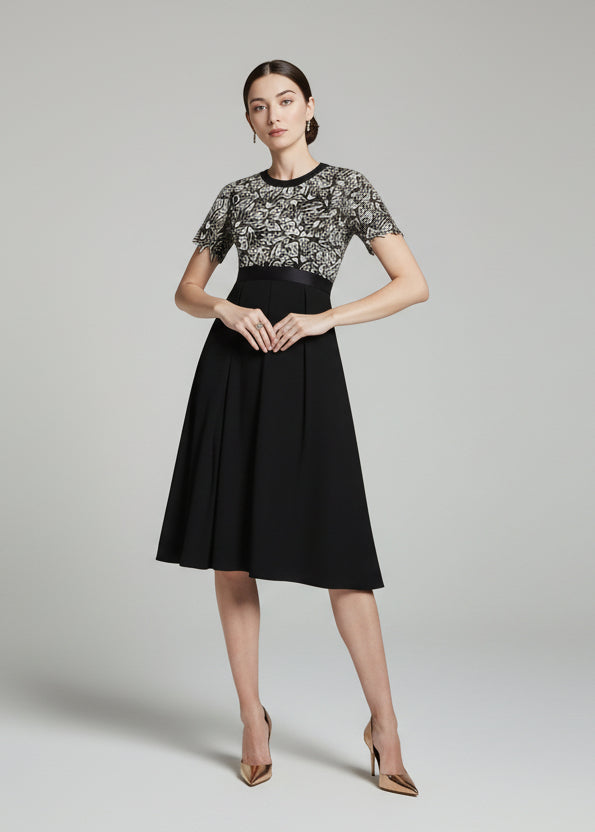 Elegancka sukienka z geometryczny wzorem na studniówkę 2026