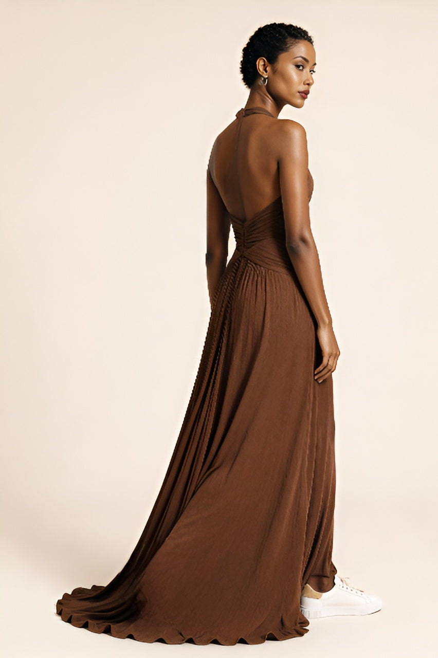 Brązowa sukienka MAXI z odkrytymi plecami