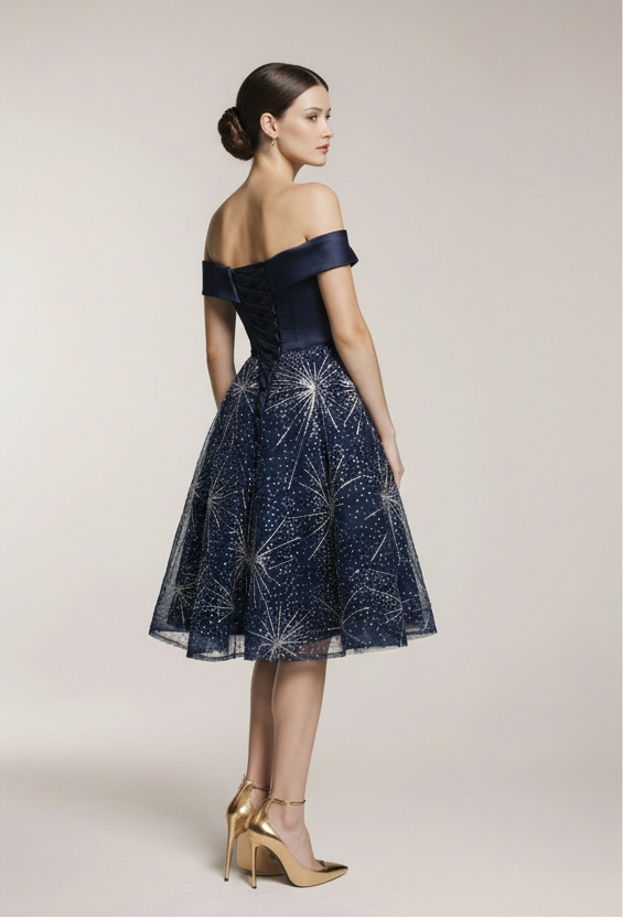 Granatowa sukienka z plisowanym dołem na sylwestra