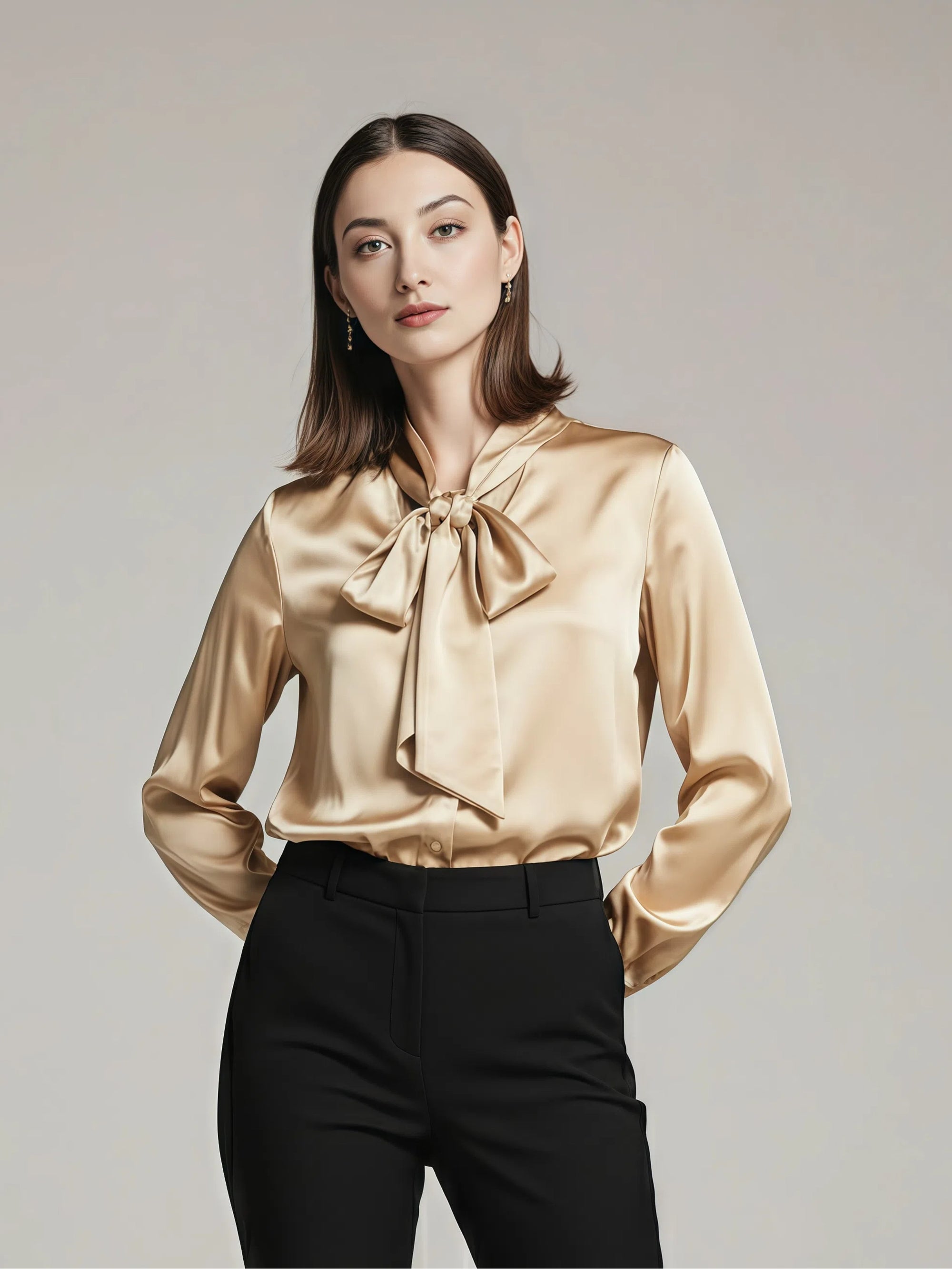 Minimalistyczna jedwabna koszula z kokardą