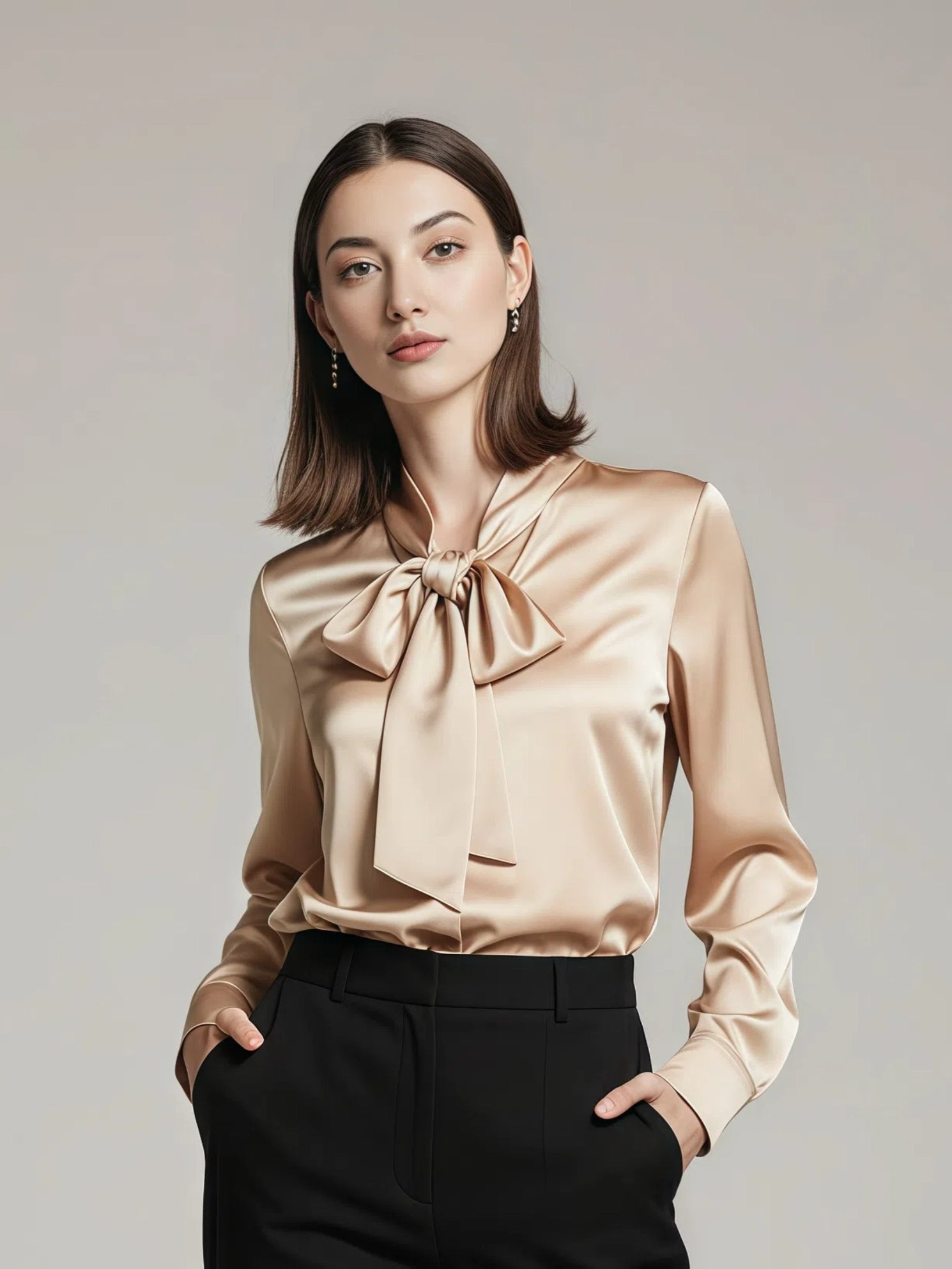 Minimalistyczna jedwabna koszula z kokardą