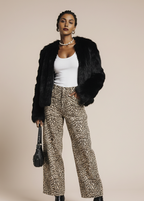 Spodnie jeansowe z szerokimi nogawkami w panterkę