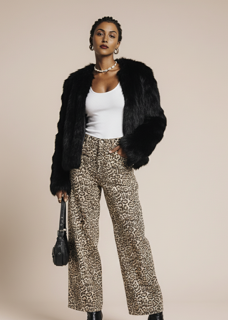 Spodnie jeansowe z szerokimi nogawkami w panterkę