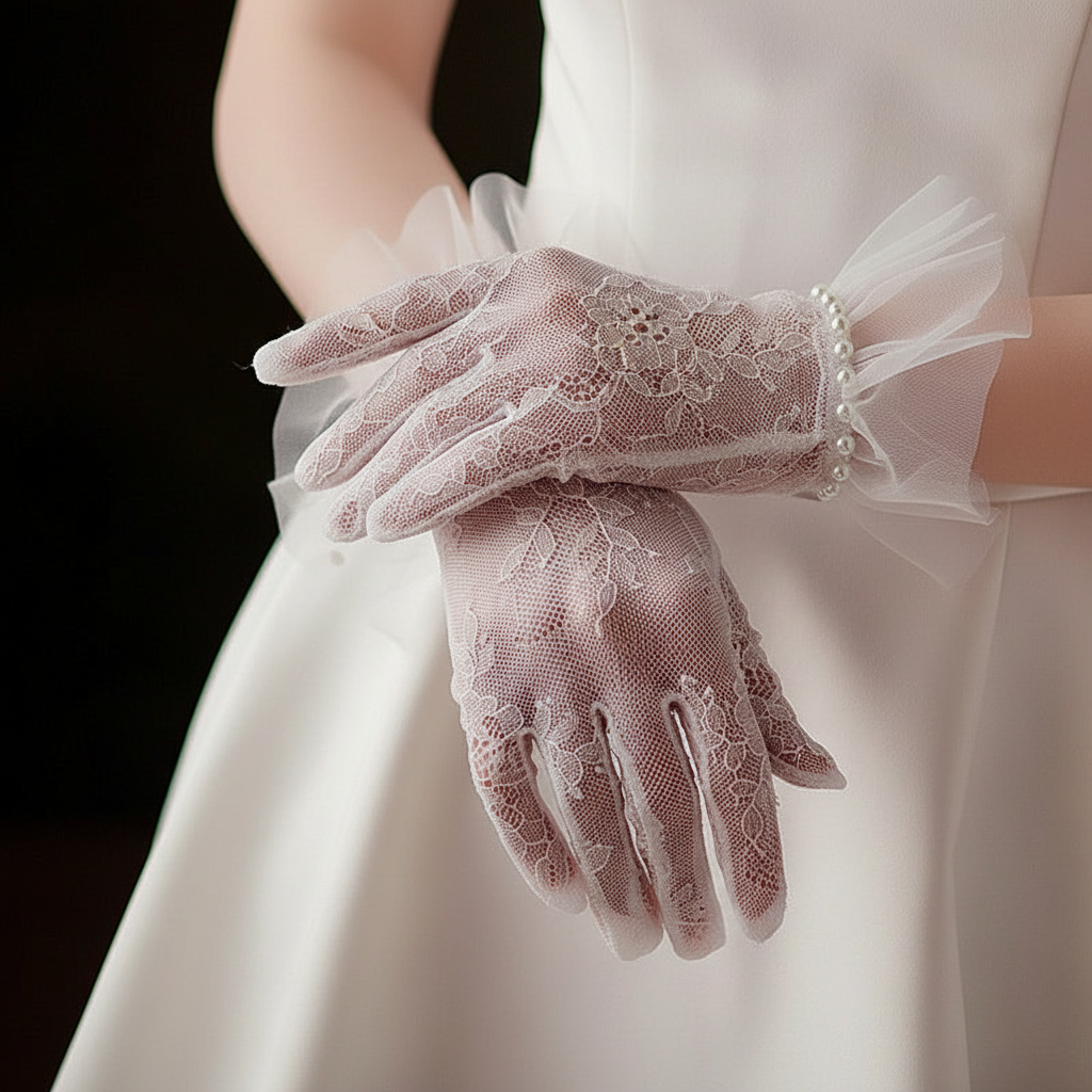 Eleganckie wyjściowe koronkowo-perłowe rękawiczki