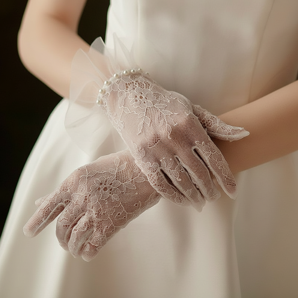 Eleganckie wyjściowe koronkowo-perłowe rękawiczki