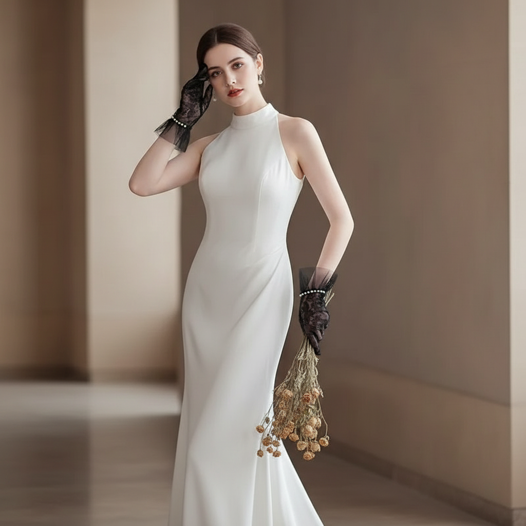 Eleganckie wyjściowe koronkowo-perłowe rękawiczki