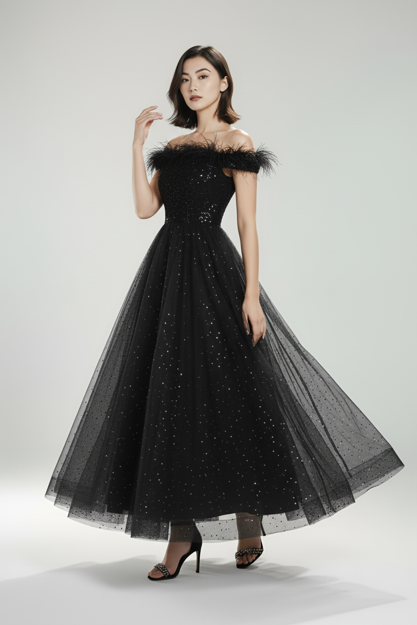 Brokatowa sukienka wieczorowa MAXI z piórami