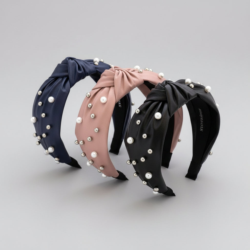 Skórzana opaska na głowę z koralikami i perłami