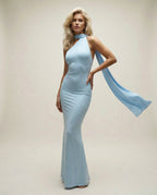 LAURA - Long Dress with Open Back and Elegant Shawl Blue