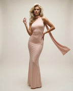 LAURA - Long Dress with Open Back and Elegant Shawl in Powder Pink
