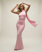 LAURA - Long Dress with Open Back and Elegant Shawl Pink