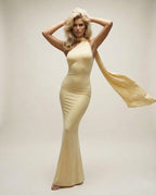 LAURA - Long Dress with Open Back and Elegant Shawl Yellow