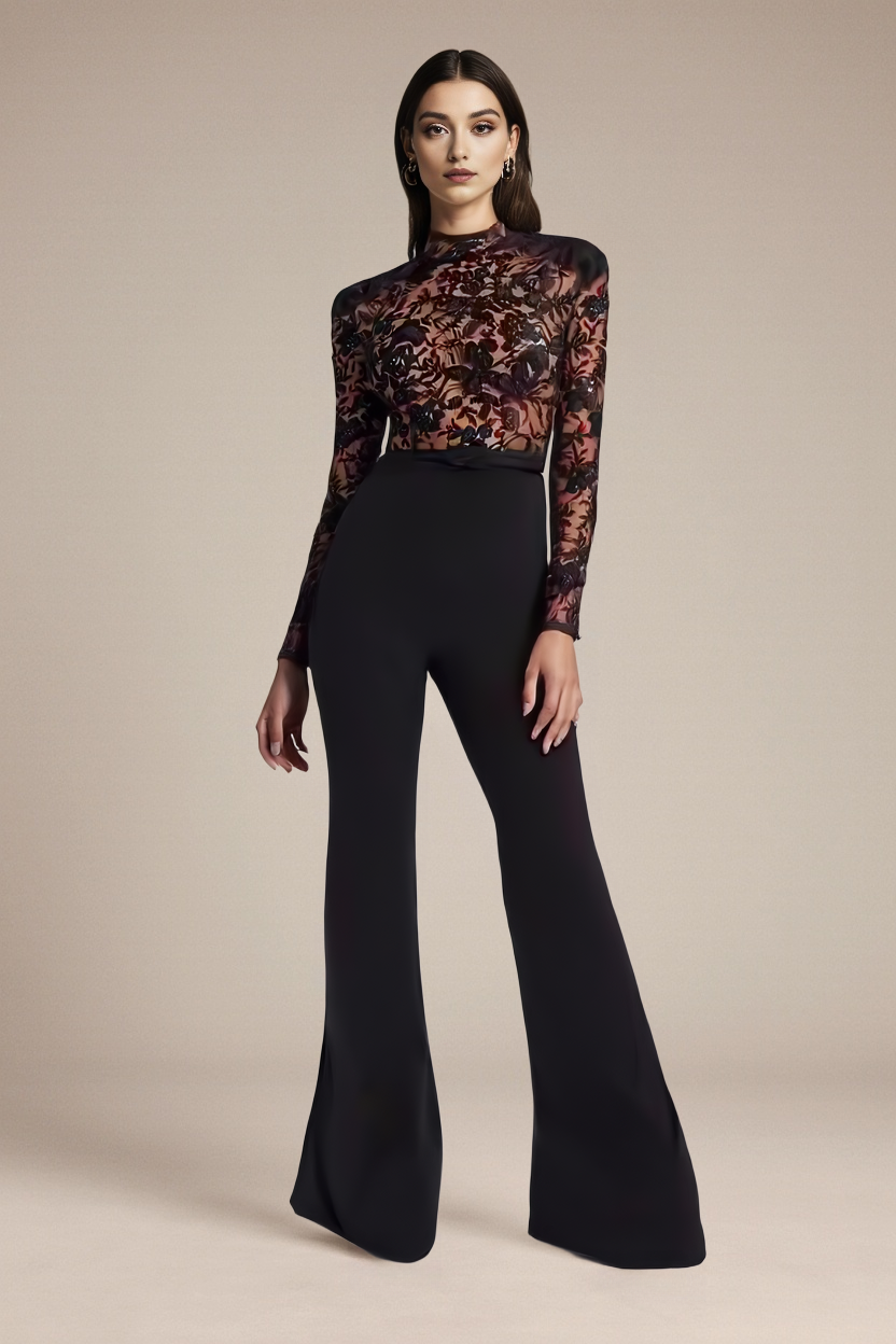 Koronkowy prześwitujący kombinezon wieczorowy