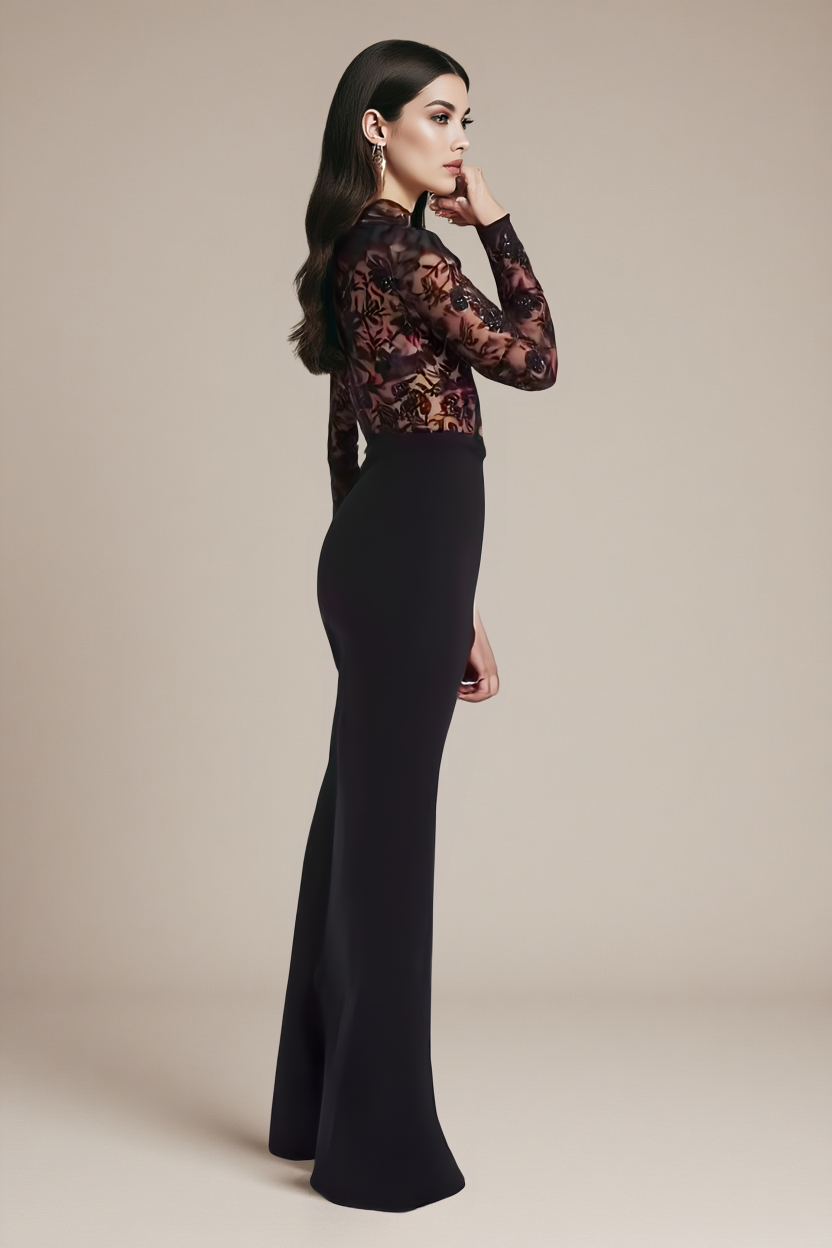 Koronkowy prześwitujący kombinezon wieczorowy