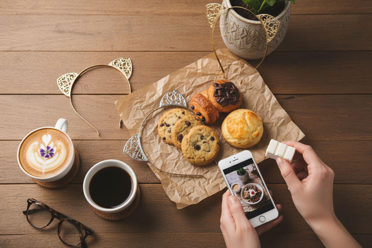 Flatlay z kawą i opaskami w tle