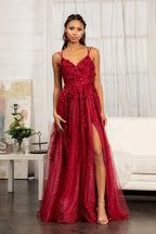 Sequin embellished mesh a line dress w 3 d flower applique and side slit GLGL3033