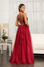 Sequin embellished mesh a line dress w 3 d flower applique and side slit GLGL3033