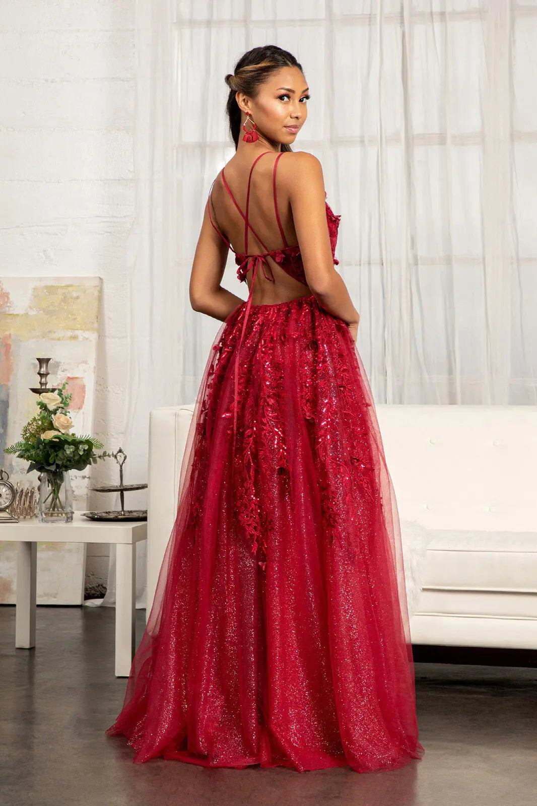 Sequin embellished mesh a line dress w 3 d flower applique and side slit GLGL3033