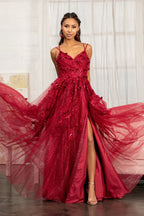 Sequin embellished mesh a line dress w 3 d flower applique and side slit GLGL3033