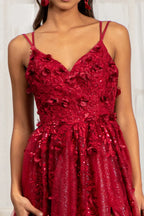 Sequin embellished mesh a line dress w 3 d flower applique and side slit GLGL3033