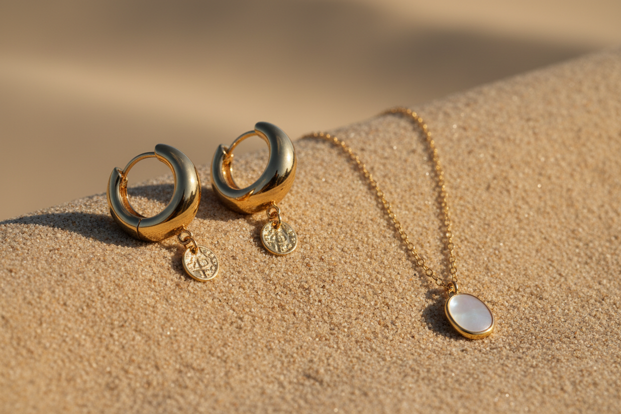 Gold Earrings & Necklace on Beige
