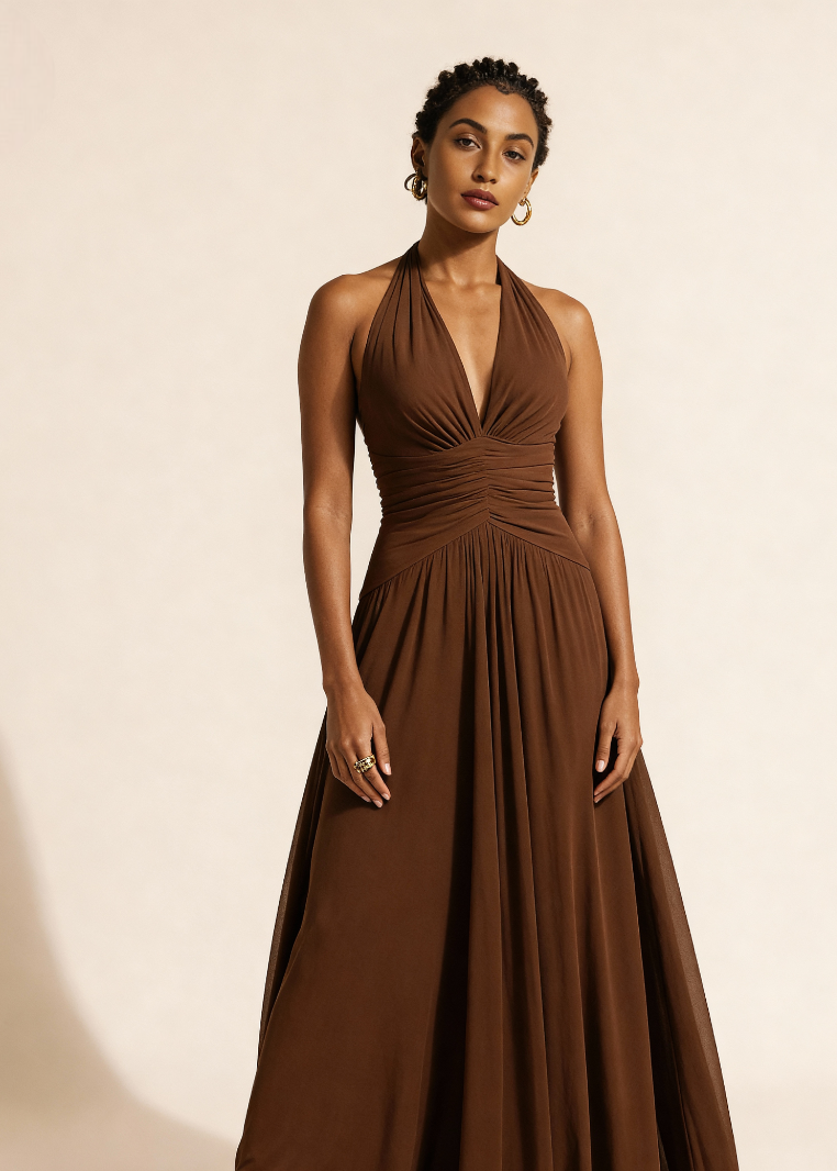 Brązowa sukienka MAXI z odkrytymi plecami
