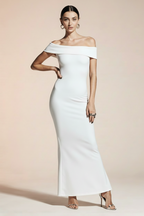 Model in white off-shoulder maxi dress